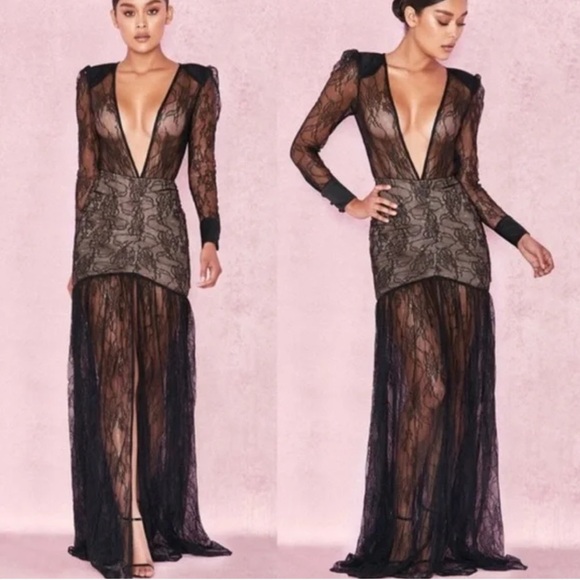 HOUSE of CB Griffe Black Lace Super Plunge Maxi Dress Sheer Black Dark Fairy - Picture 7 of 11